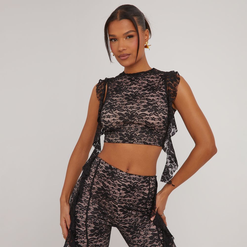 Frill Detail Racer Crop Top In Black Lace | EGO