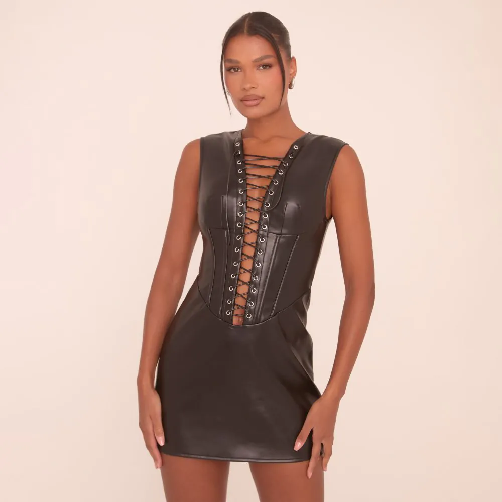 Sleeveless High Neck Lace Up Front Mini Dress In Black Faux Leather