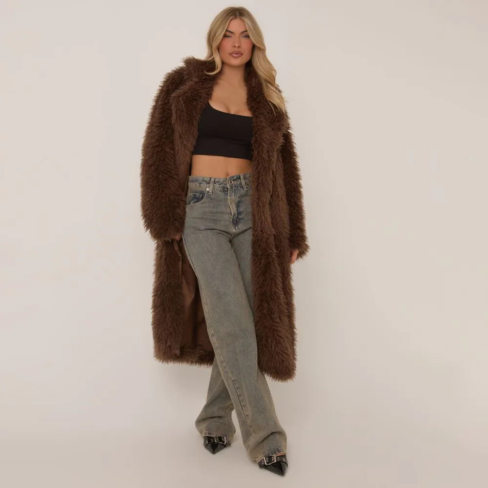 Maxi Length Coat In Brown Shaggy Faux Fur