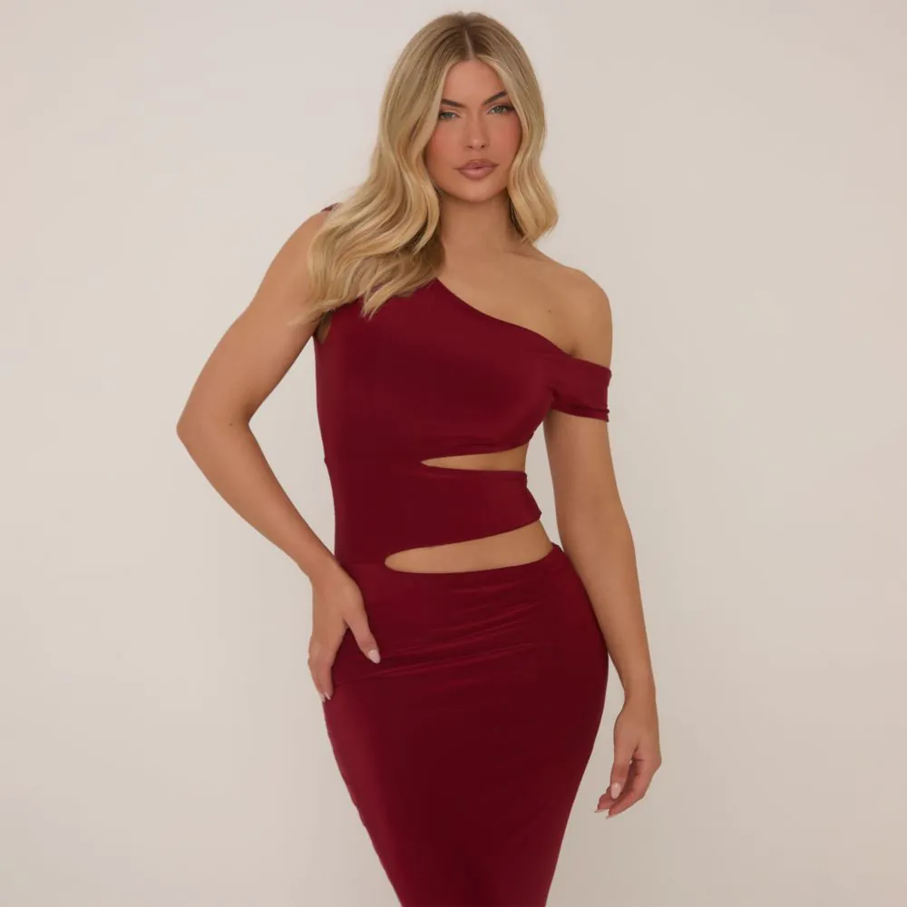 maroon cut out dress Long Sleeve Cut Out Button Detail Side Split Maxi Dress In Burgundy Knit |  EGO US