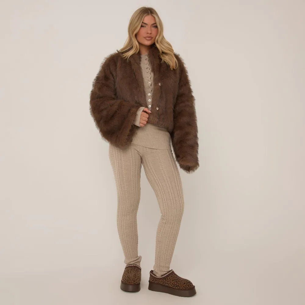 High Neck Collar Flared Sleeve Coat In Brown Faux Fur