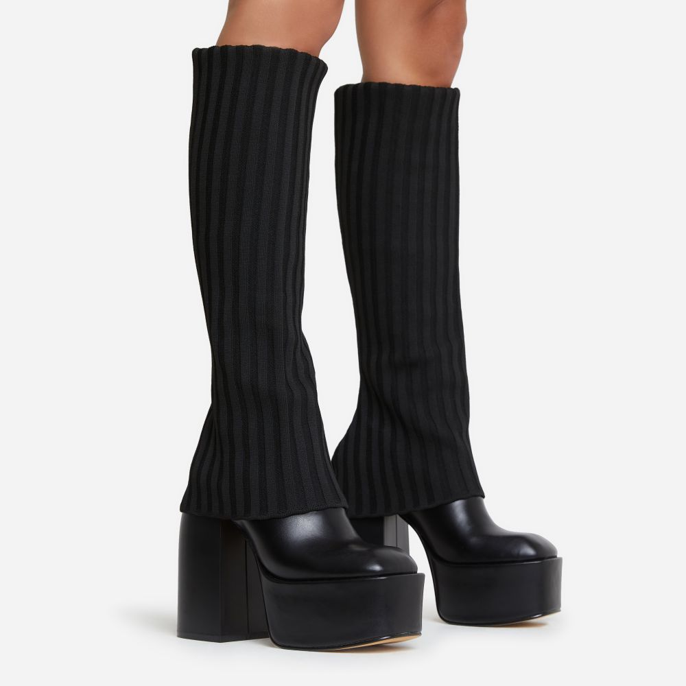 Leila Layered Knit Detail Square Toe Platform Block Heel Calf Boot In ...