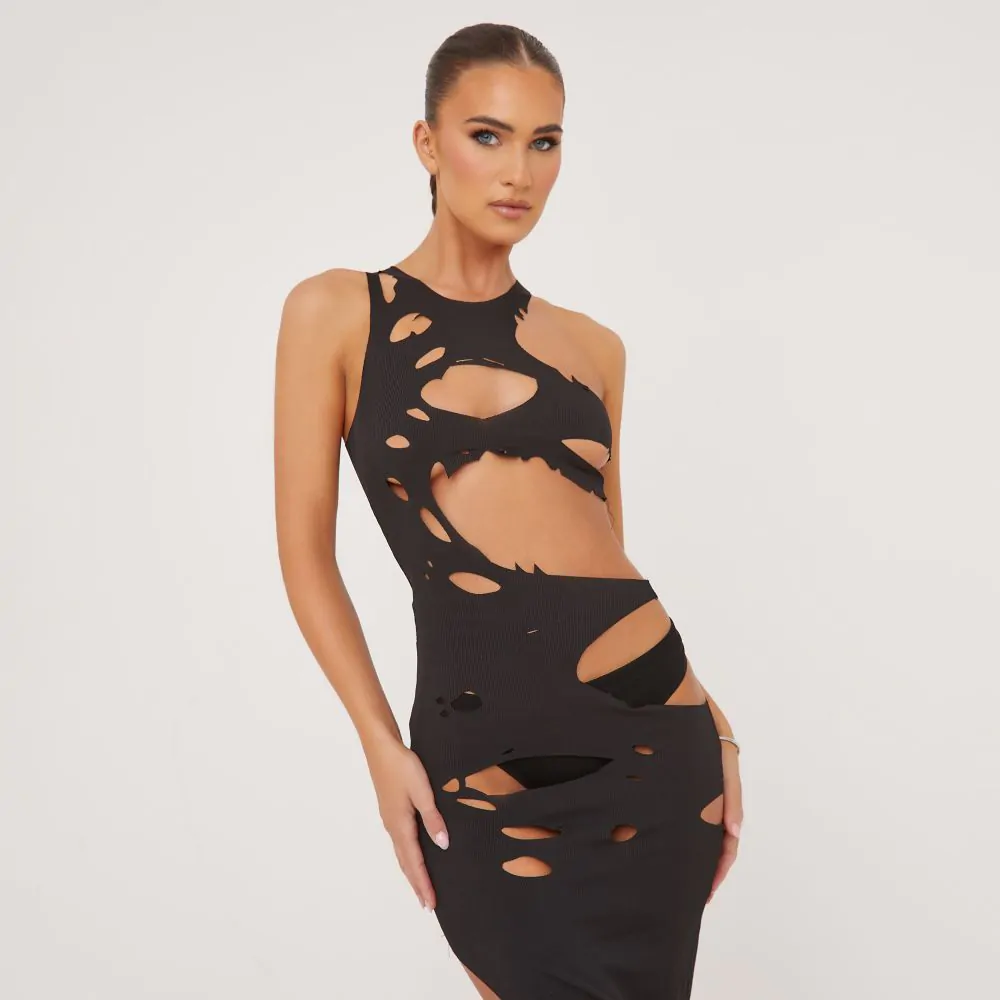 Sleeveless Extreme Cut Out Distressed Detail Split Leg Maxi Dress In Black  Woven | EGO