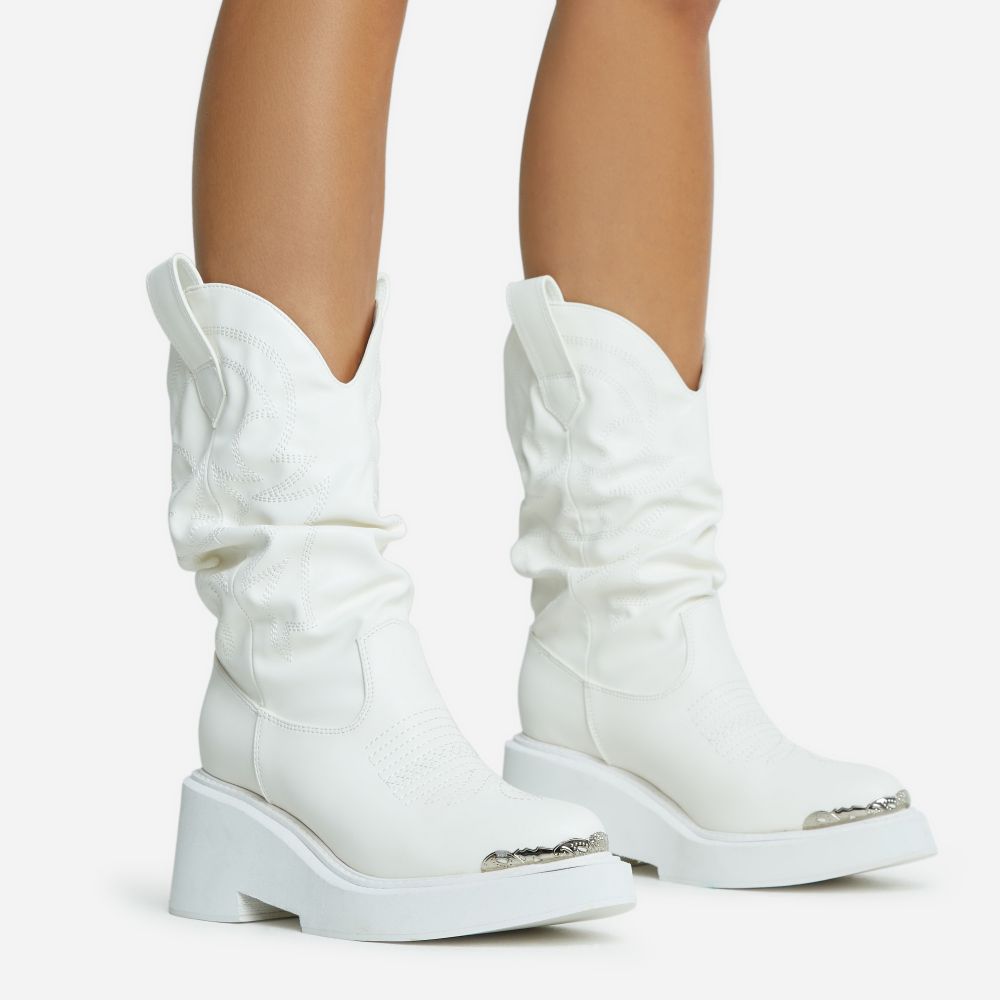 Western-Girl Embroidered Detail Ankle Western Boot In White Faux Leather