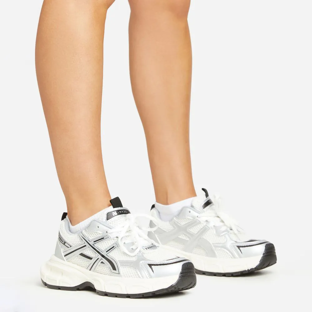 PRICES LACE UP SILVER METALLIC DETAIL CHUNKY TRAINERS IN WHITE