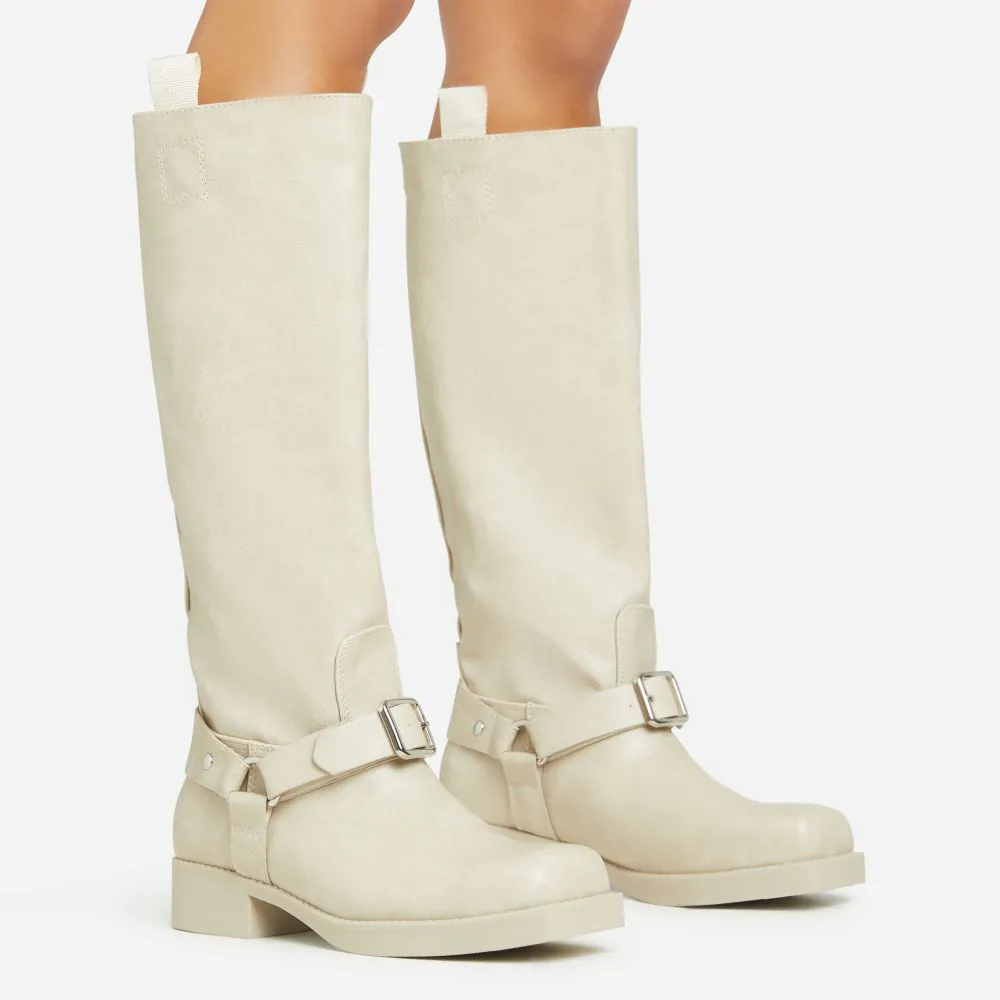 EQUESTRIA BUCKLE DETAIL SQUARE TOE KNEE HIGH LONG BIKER BOOT IN CREAM ACID WASH FAUX LEATHER