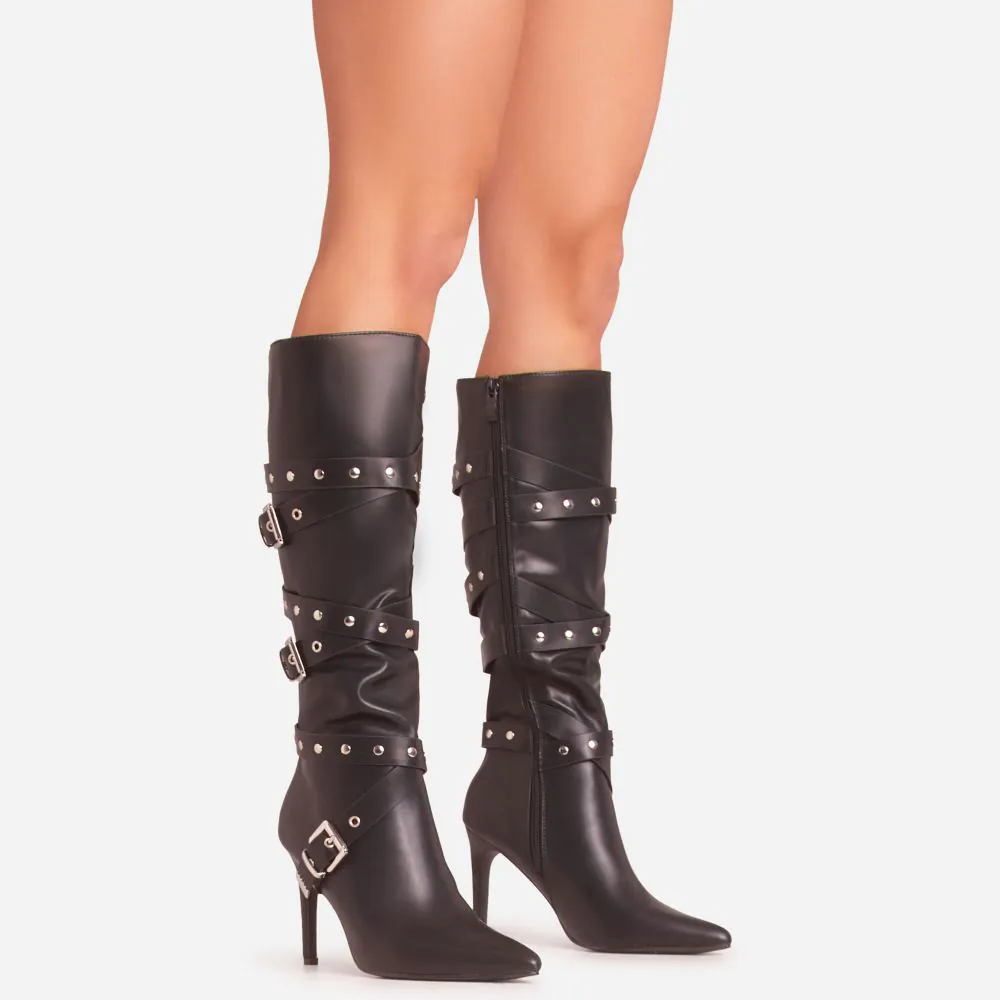 Zev Buckle Studded Strap Detail Pointed Toe Stiletto Heel Knee High Long Boot In Black Faux Leather