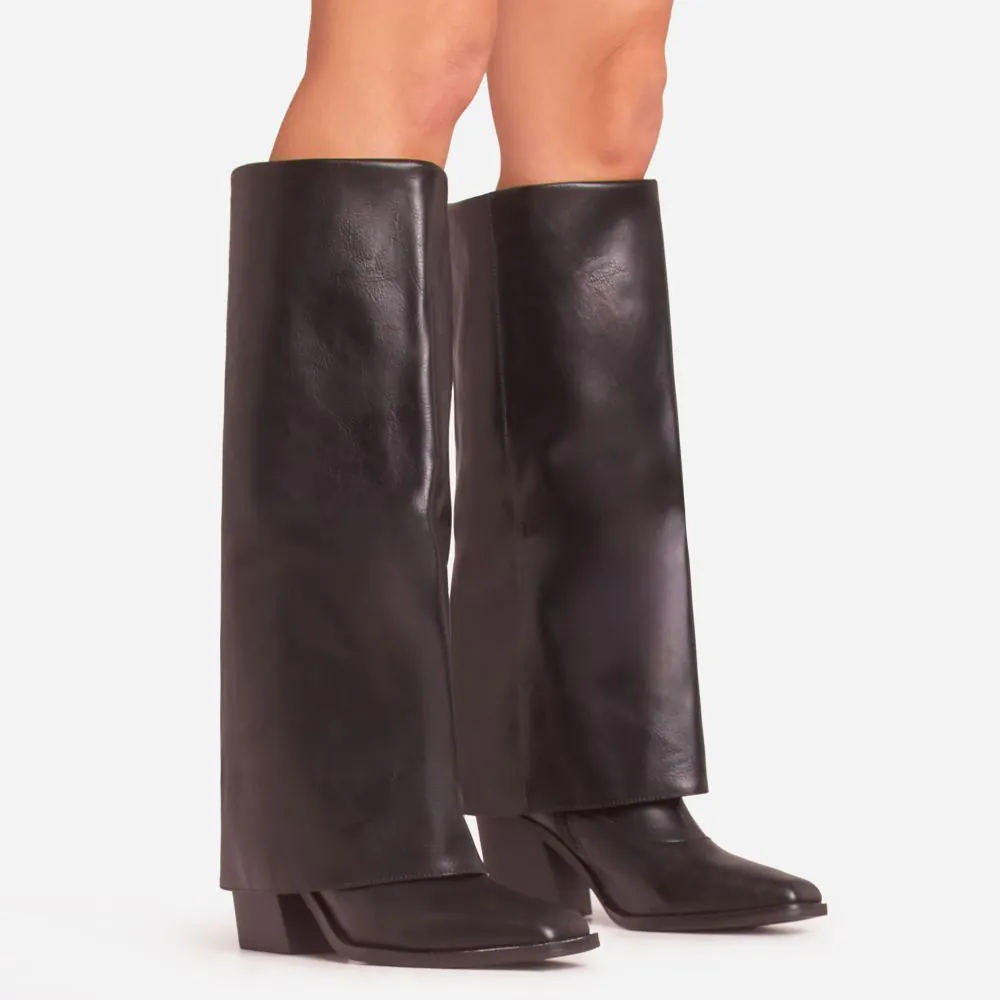 Greer Layered Detail Square Toe Block Heel Knee High Long Boot In 