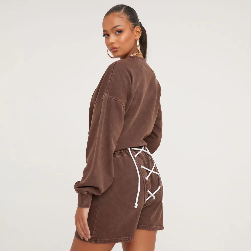 TIE WAIST LACE UP DETAIL SWEATSHORTS IN WASHED CHOCOLATE