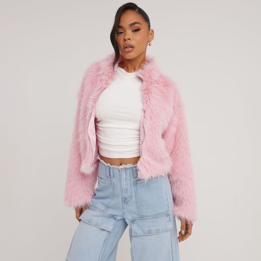 Oversized Bomber Jacket In Pink Faux Fur | EGO
