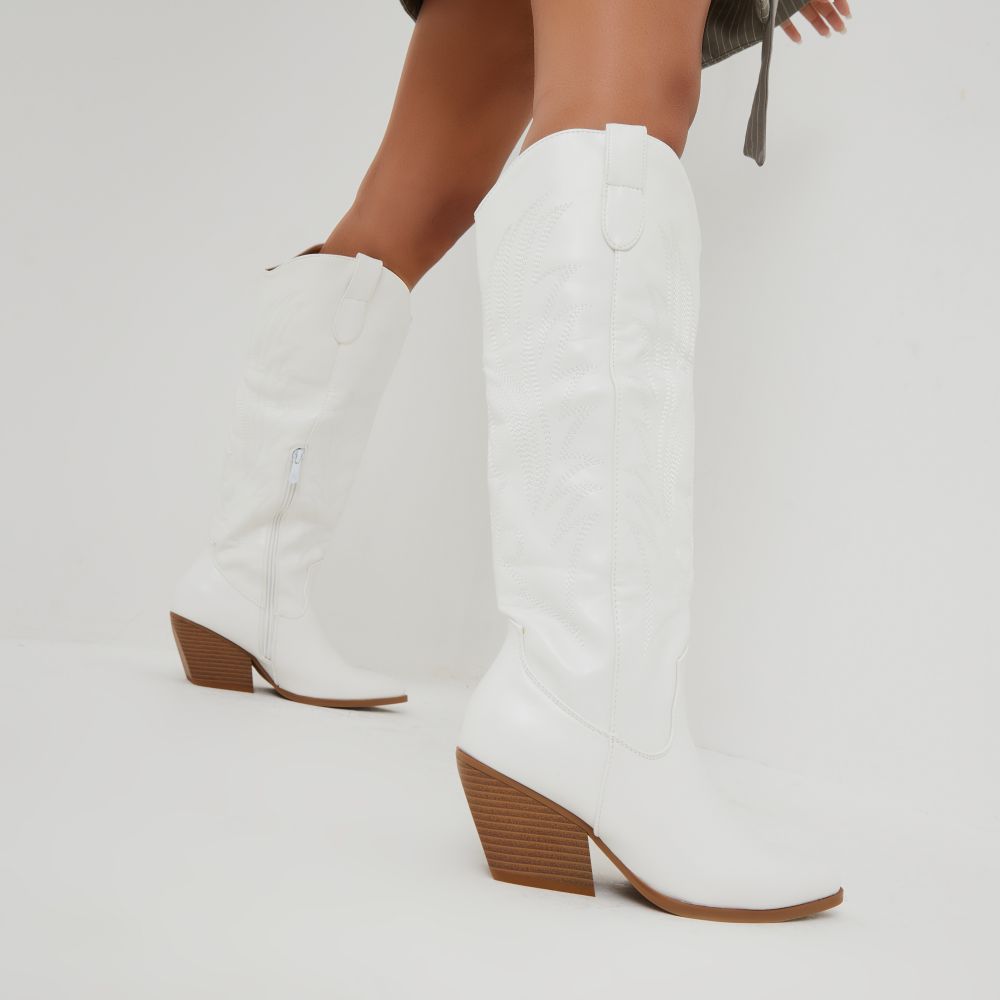 Wild-West Embroidered Detail Pointed Toe Knee High Long Western Cowboy Boot In White Faux Leather