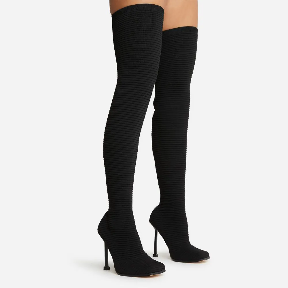 That-Girl Square Toe Stiletto Heel Over the Knee Thigh High Long Sock Boot In Black Ribbed Knit