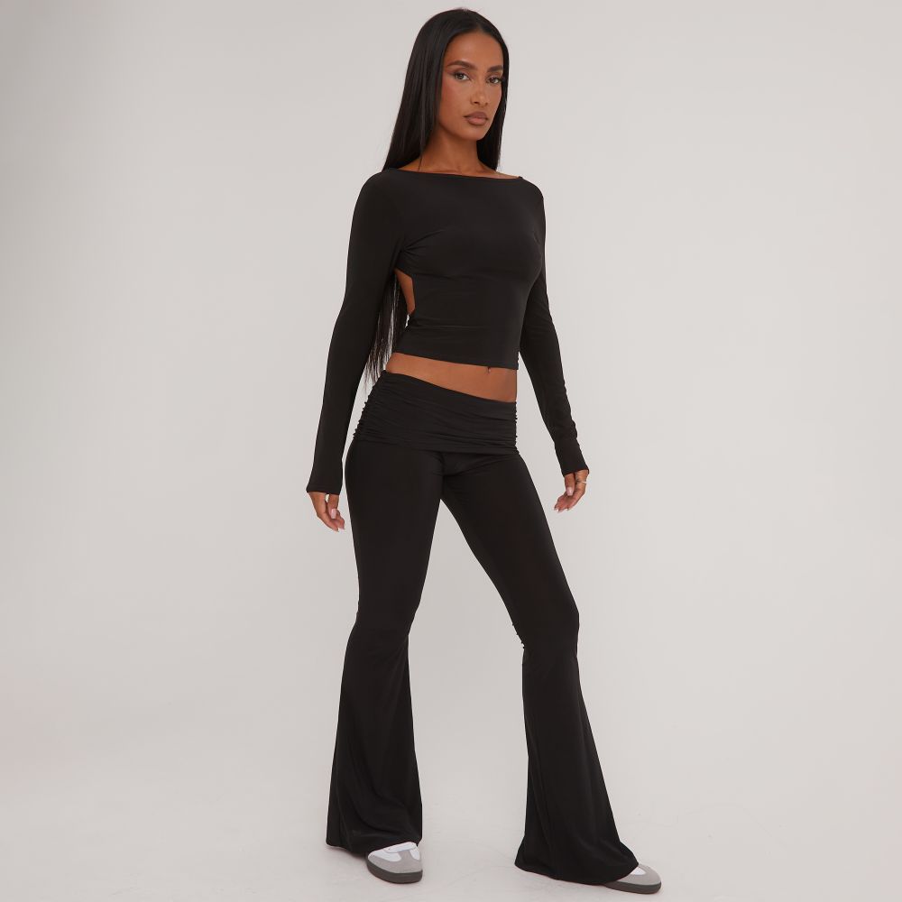 Fold Over Waistband Detail Flared Trousers In Black Slinky | EGO