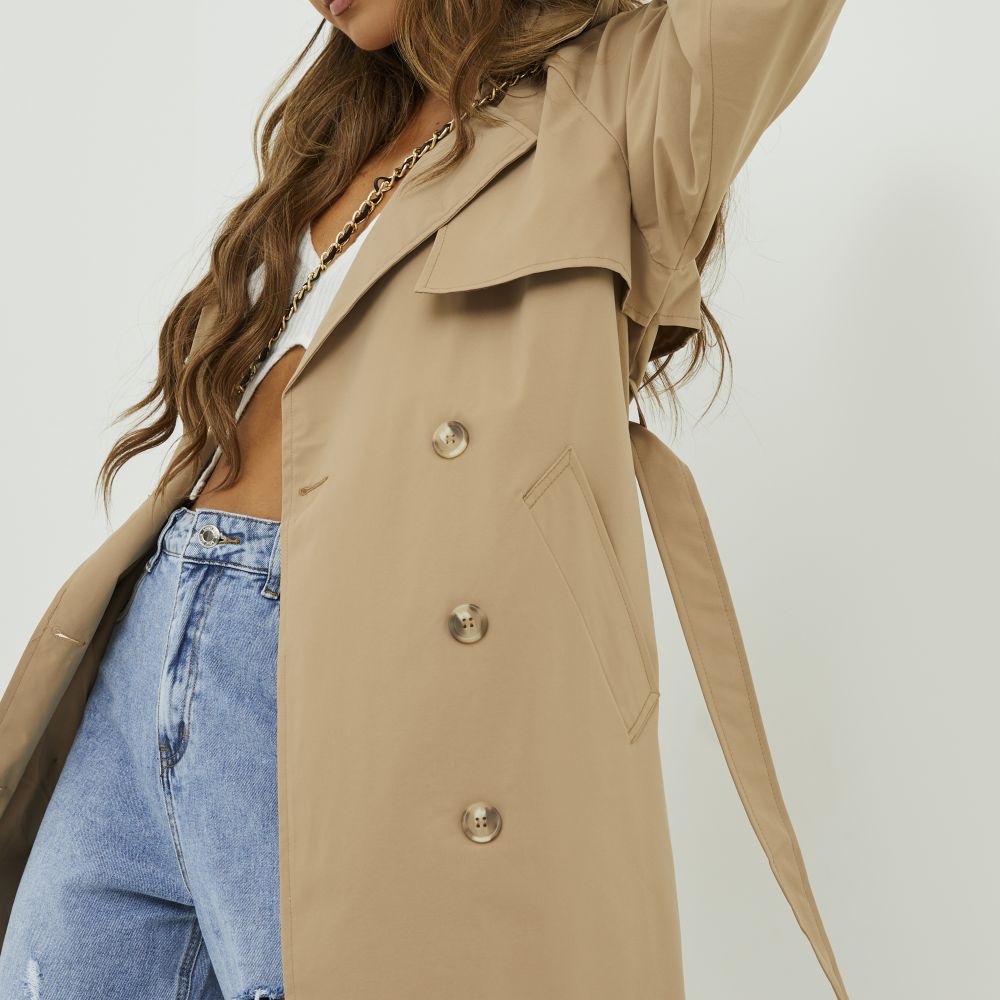 Buckle Detail Belted Trench Coat In Stone
