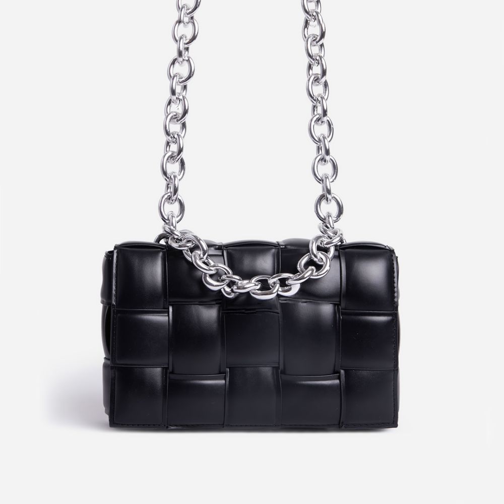 Jackson Chain Detail Quilted Shoulder Bag In Black Faux Leather
