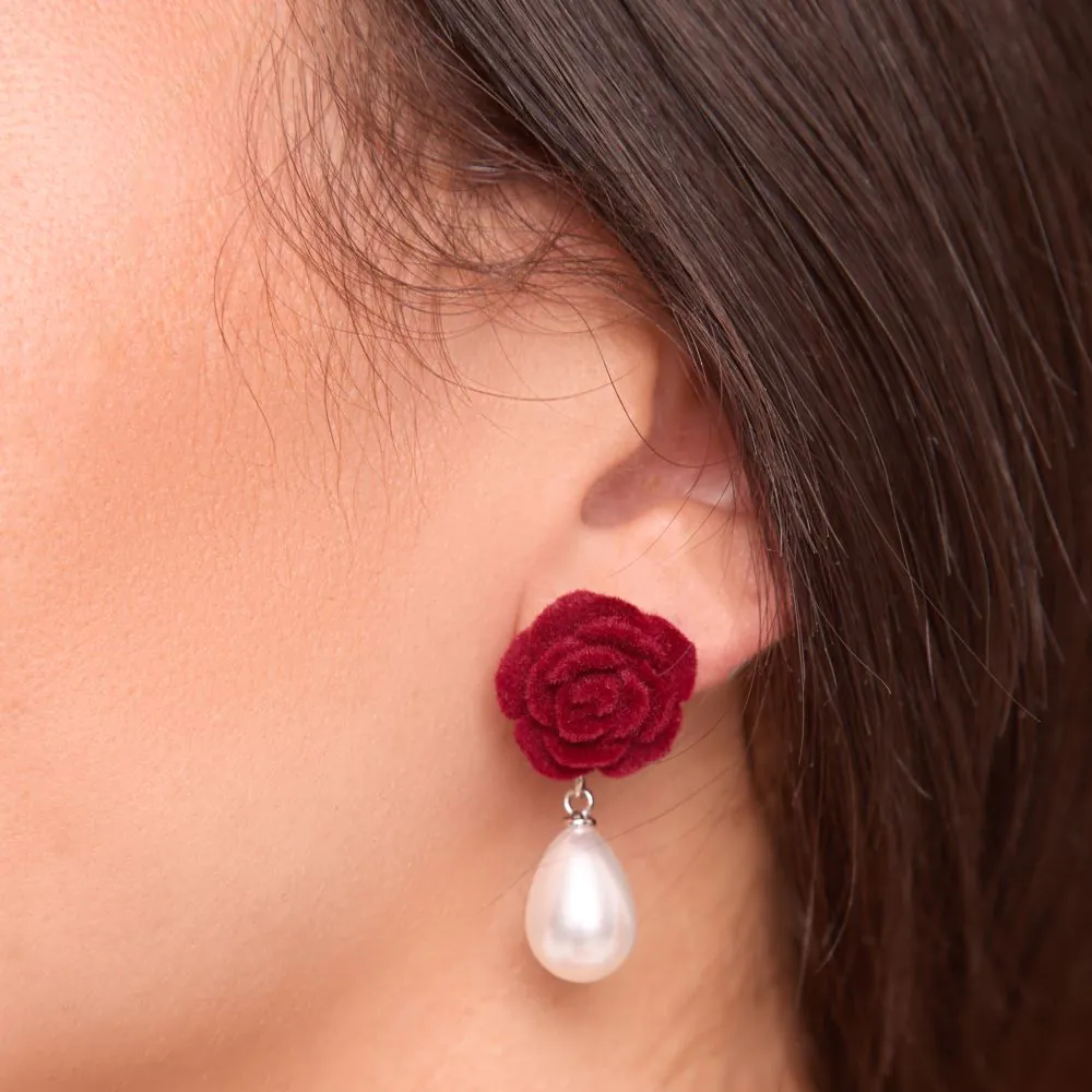 Rose Drop Pearl Detail Stud Earring In Burgundy