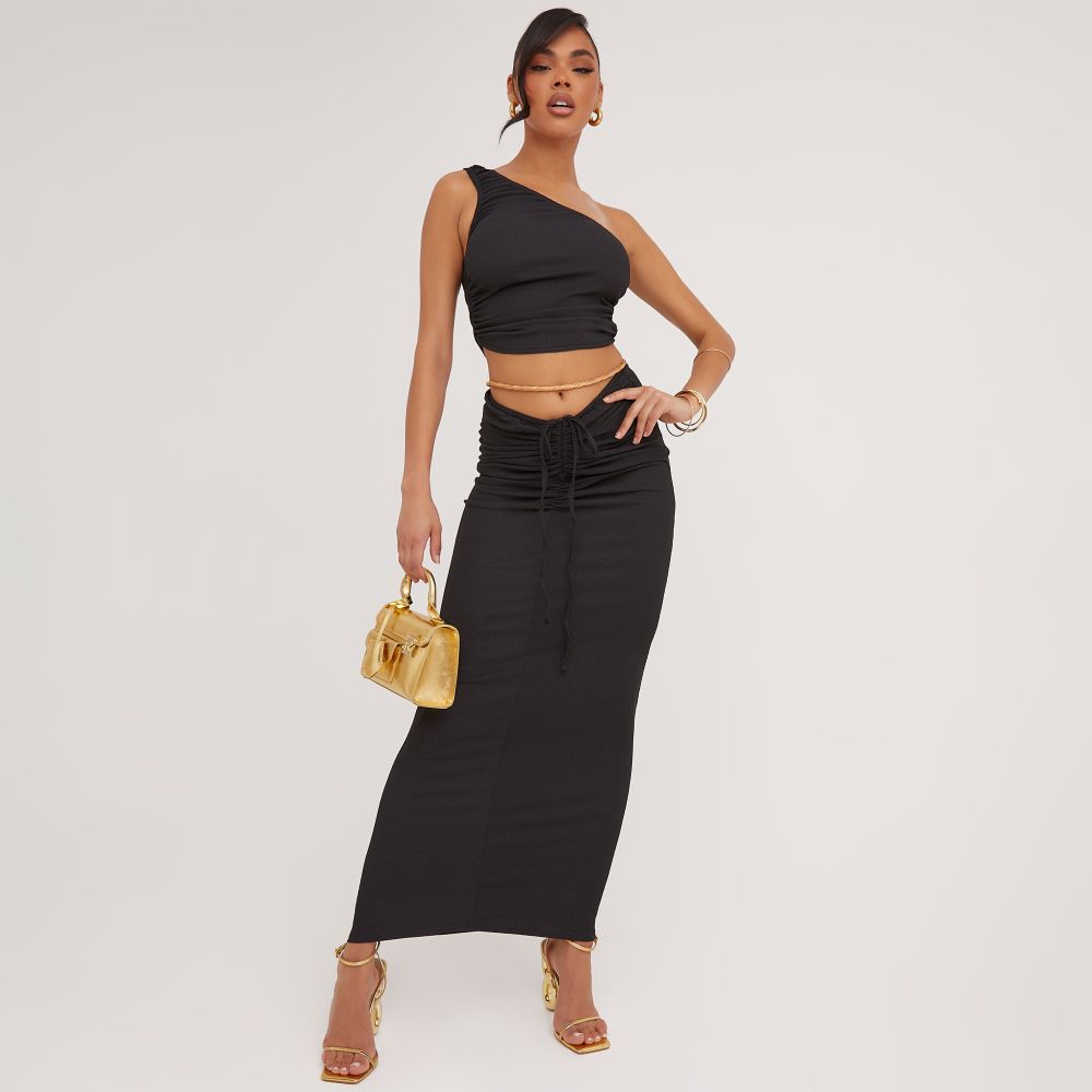 Dipped Waist Tie Front Ruched Detail Textured Maxi Skirt In Black | EGO