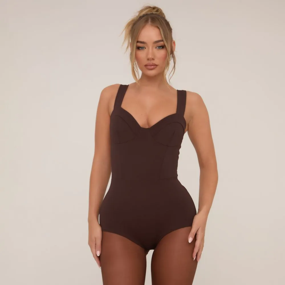 Cupped Detail Micro Mini Playsuit In Brown