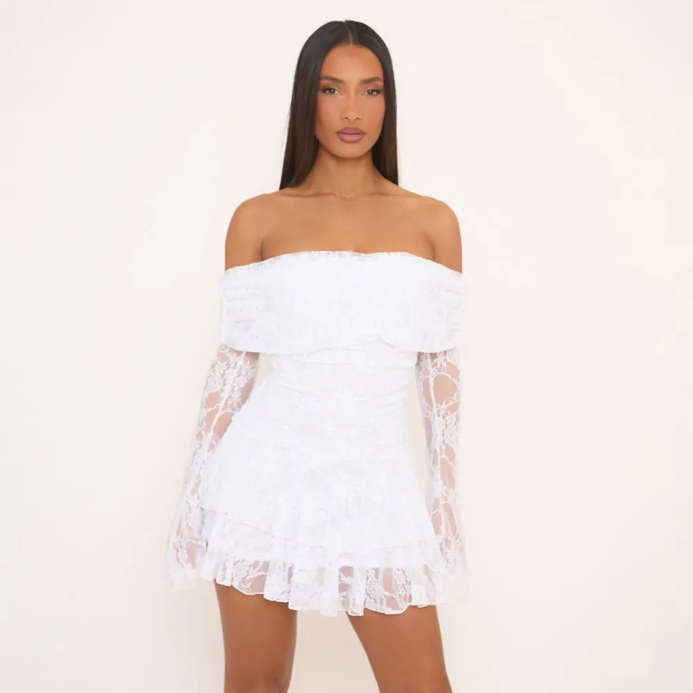 white bardot skater dress Crystal Bardot Midi Dress White