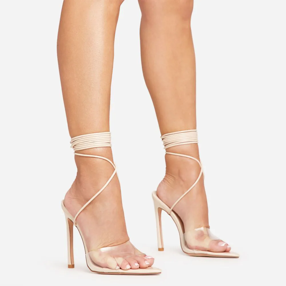 ANDREA LACE UP CLEAR PERSPEX POINTED PEEP TOE STILETTO HEEL IN NUDE PATENT