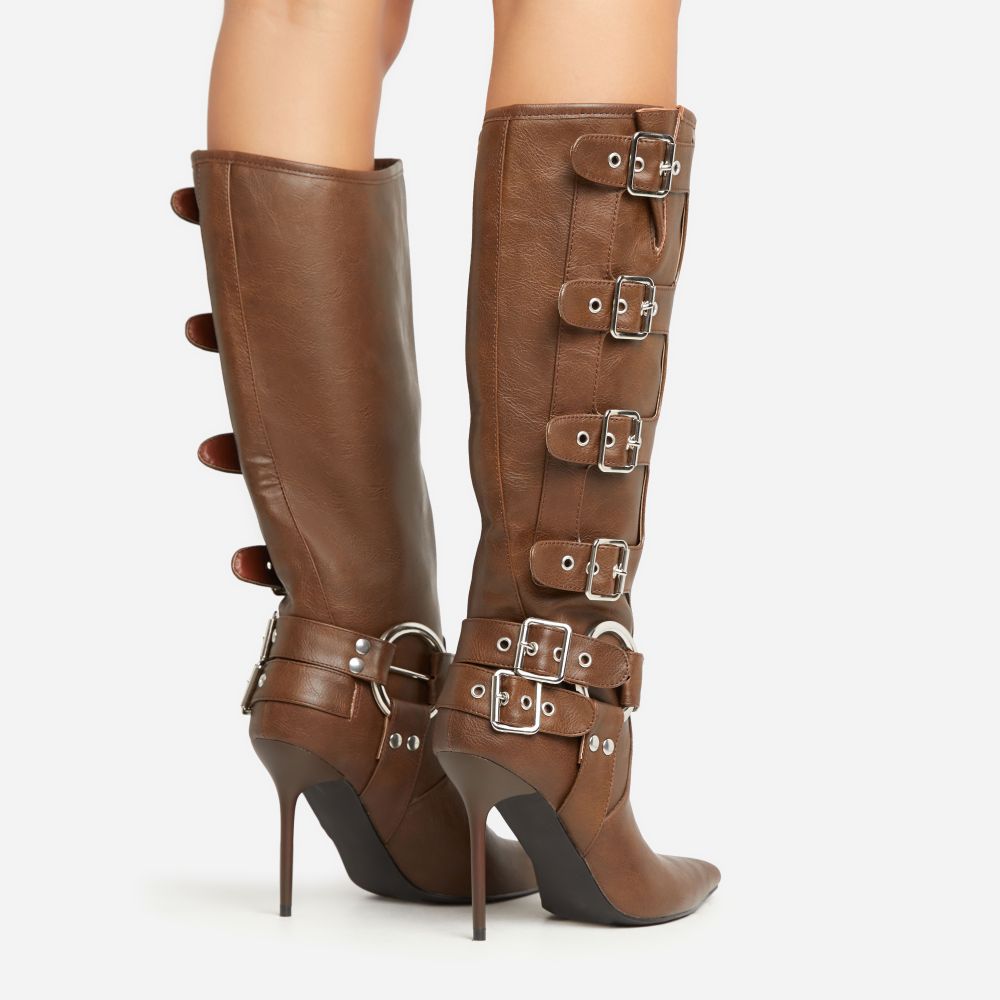 Men's Genuine Leather High Top Boots - Pointed Toe, Buckle Strap, Inner Zipper