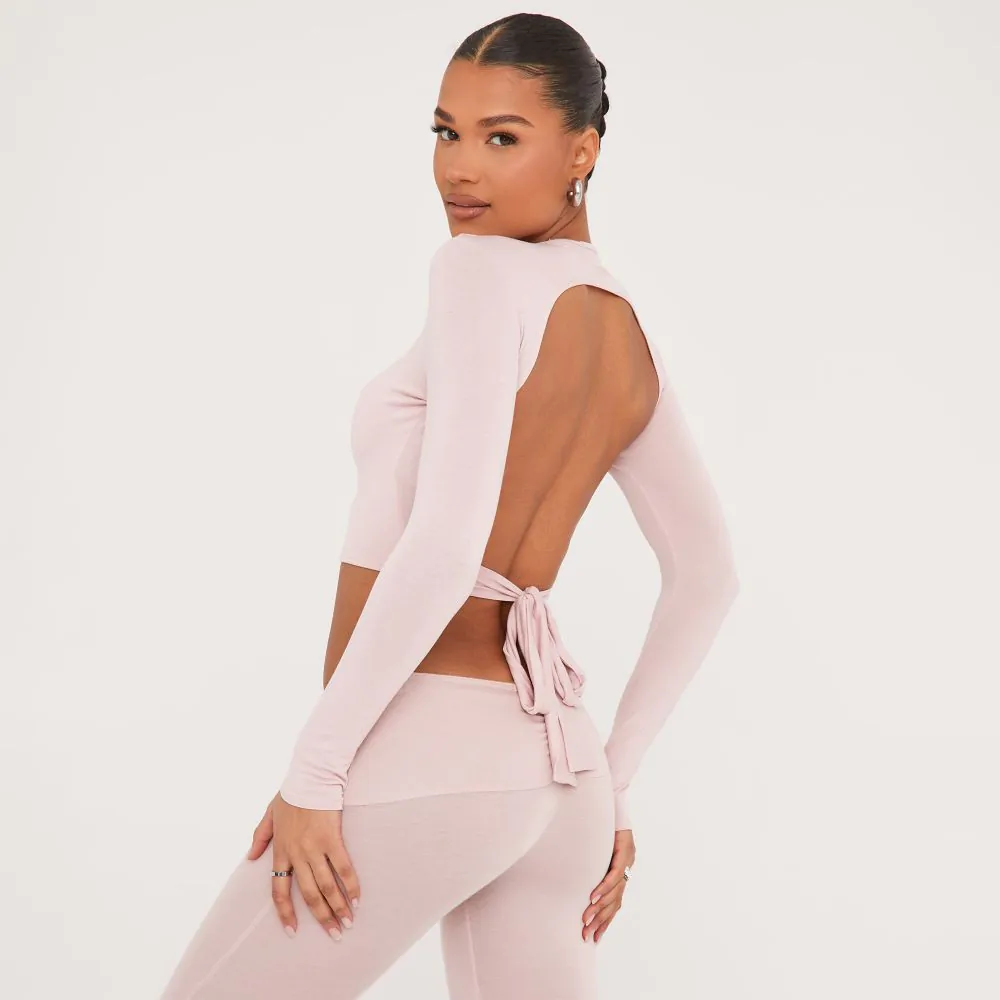 LONG SLEEVE TIE BACK BACKLESS CROP TOP IN DUSKY PINK