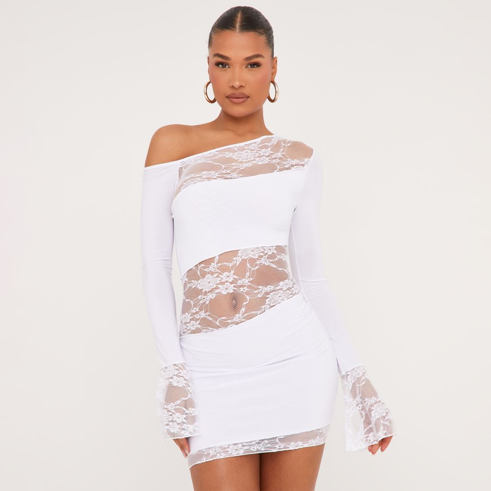 Off The Shoulder Lace Insert Detail Mini Bodycon Dress In White