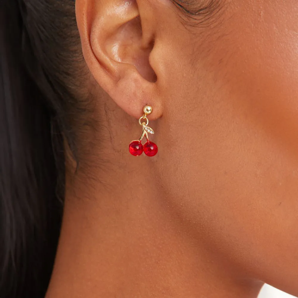 Cherry Detail Stud Earrings In Gold