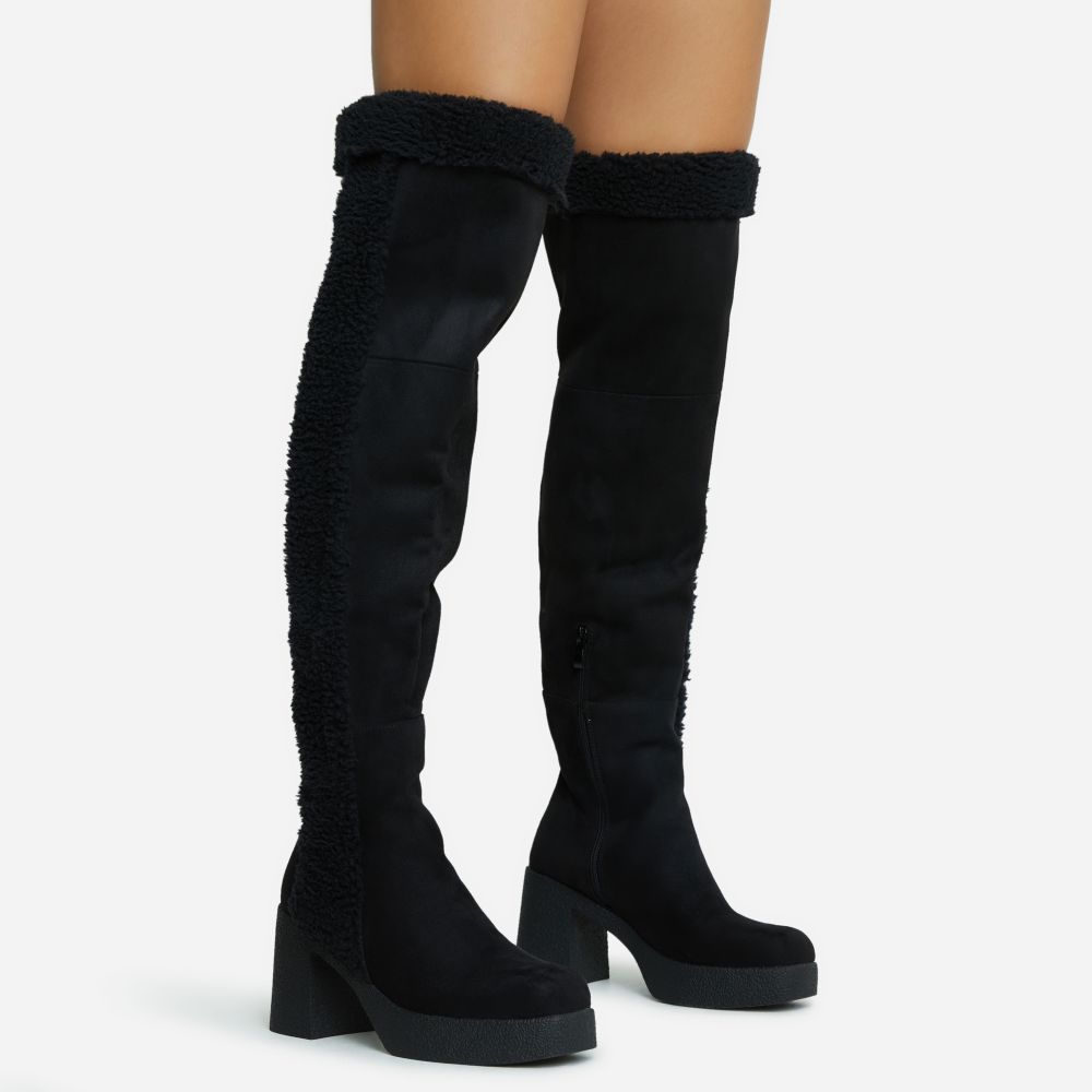 Top-Tier Faux Shearling Detail Over The Knee Thigh High Long Boot In Black Faux Suede