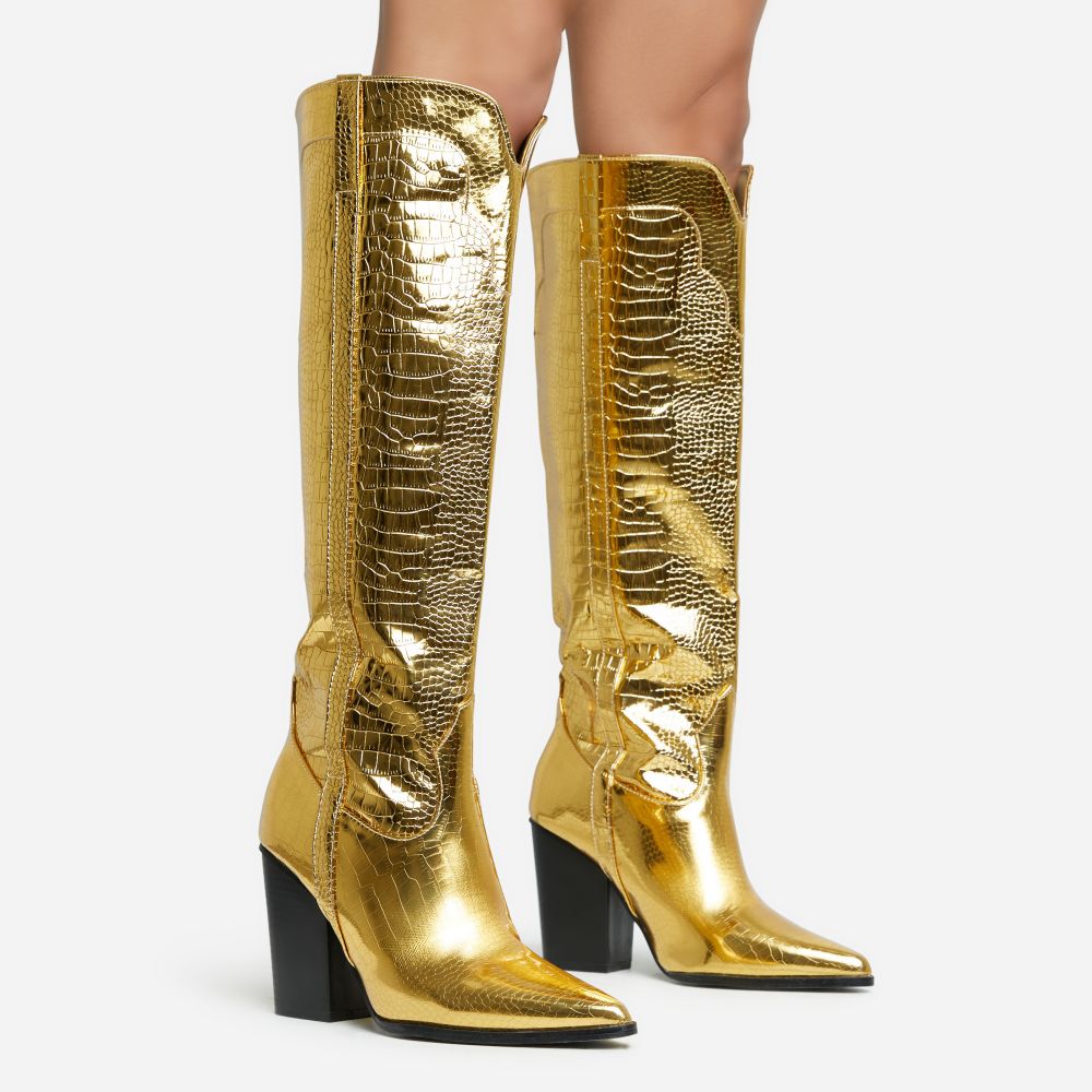Gaia Pointed Toe Block Heel Knee High Long Western Cowboy Boot In Gold ...