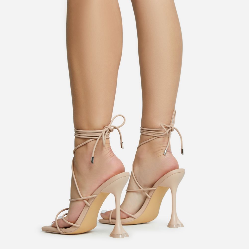 Love-To-Hate Lace Up Strappy Square Toe Statement Heel In Nude Faux Leather