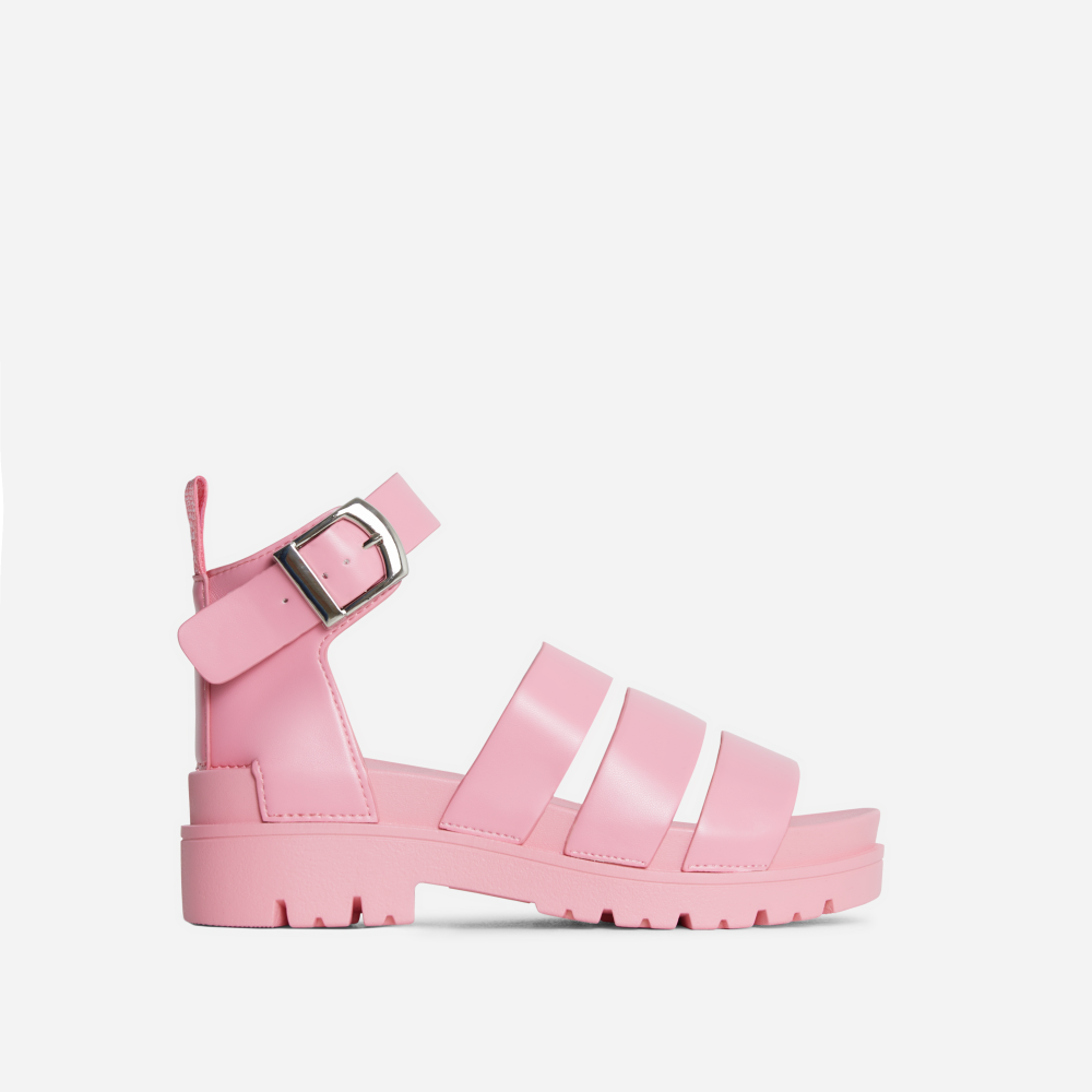 Glo Chunky Sole Flat Gladiator Sandal In Pink Faux Leather