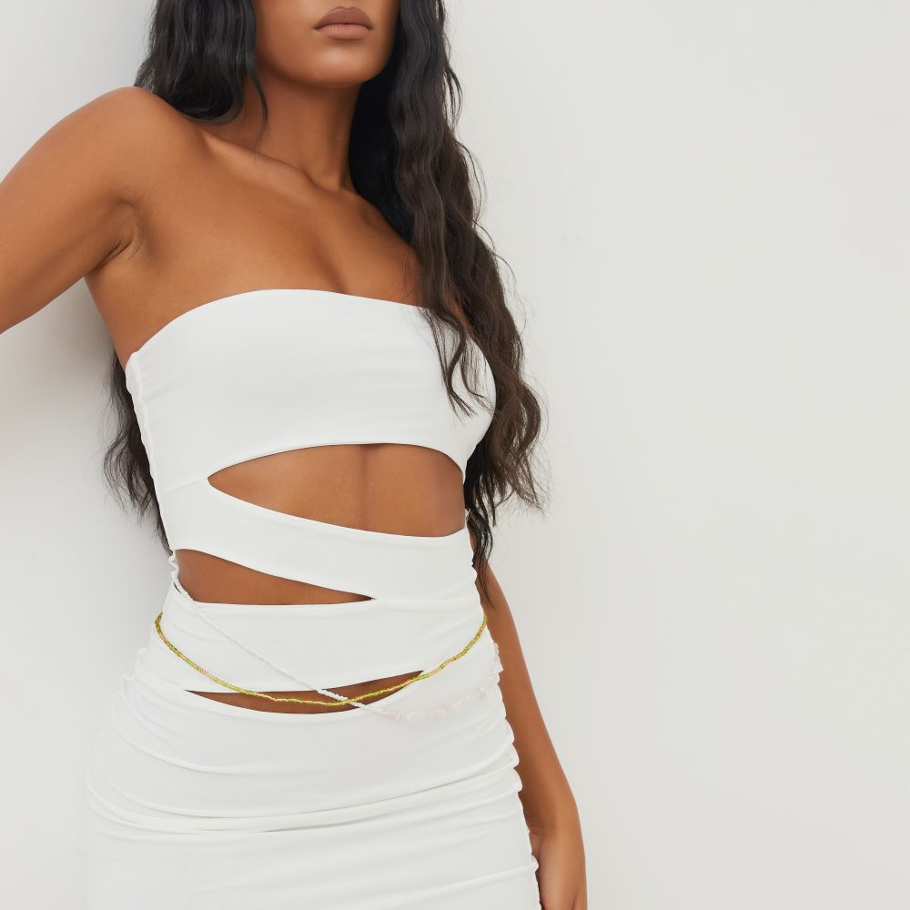 Strapless Cut Out Detail Mini Bodycon Dress In White Slinky