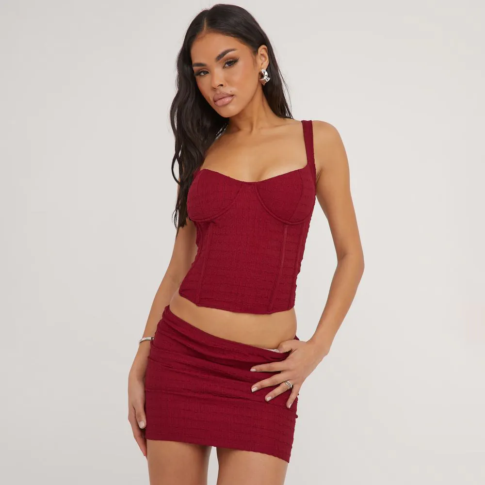 UNDERWIRED BONED DETAIL CORSET TOP IN CHERRY RED TEXTURE