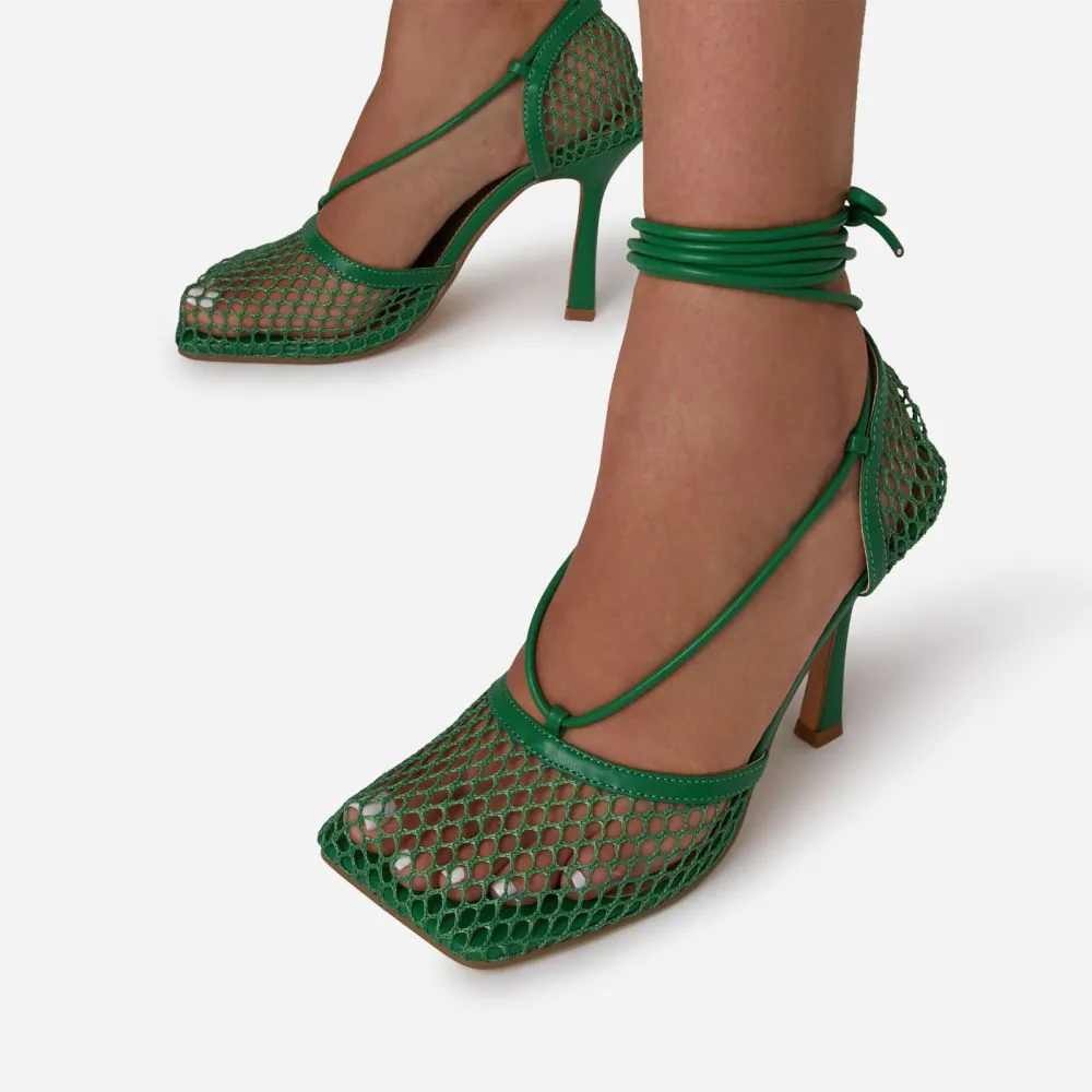NEW-ME LACE UP SQUARE TOE COURT HEEL IN GREEN FISHNET Ego