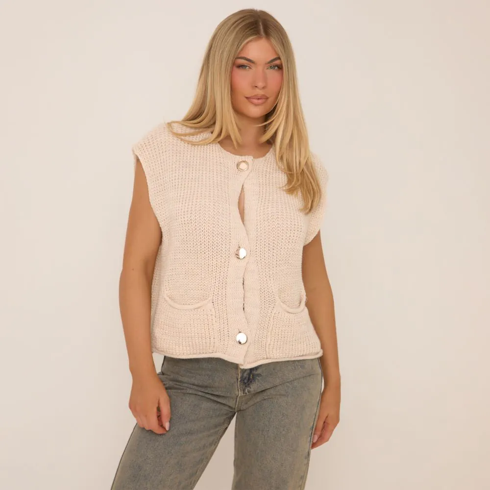 Sleeveless Gold Button Front Cardigan In Cream Knit