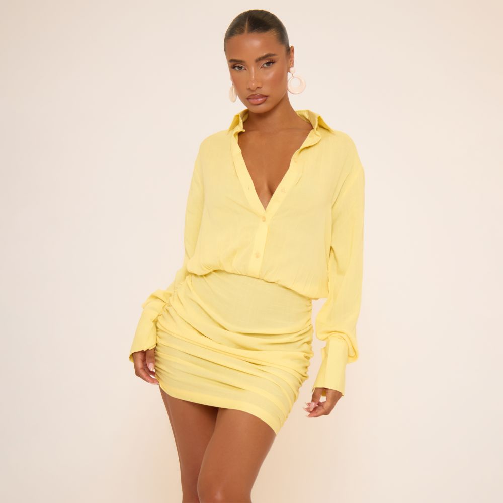 Sheer Button-Up Mini Dress with Ruched Skirt - Yellow main image 0