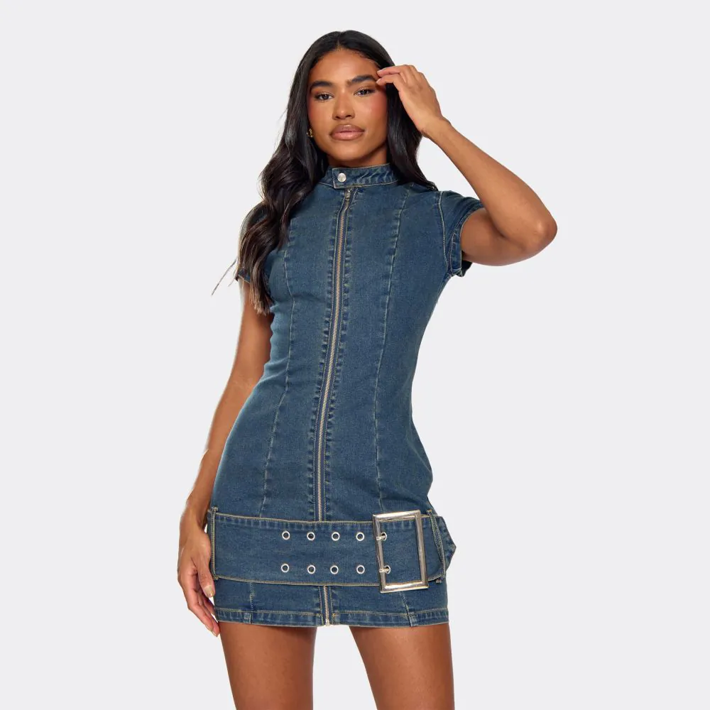 EZAPINE Women's Denim Shift Dress - Long Sleeve V Neck Collared Mini Dress With Drawstring & Pockets