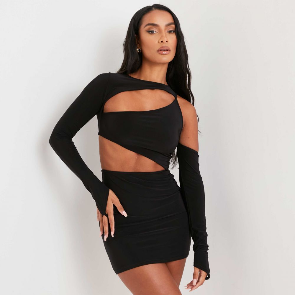 One Shoulder Long Sleeve Cut Out Bodycon Dress In Black