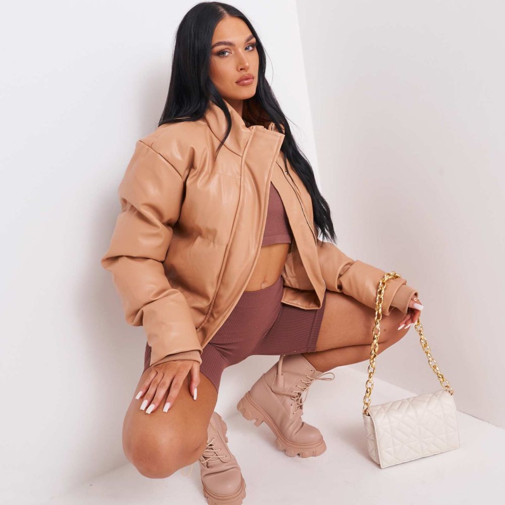 Puffer Jacket In Nude Faux Leather | EGO