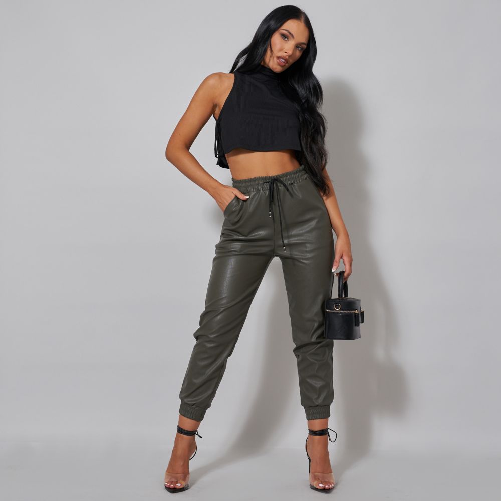 Joggers In Khaki Green Faux Leather | EGO