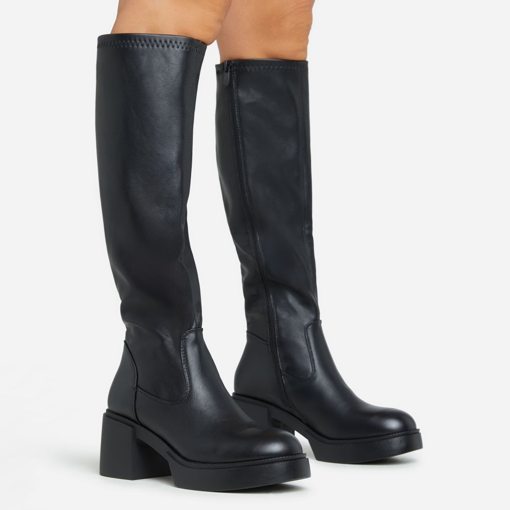 Caesar Chunky Block Heel Knee High Long Boot In Black Faux Leather | EGO