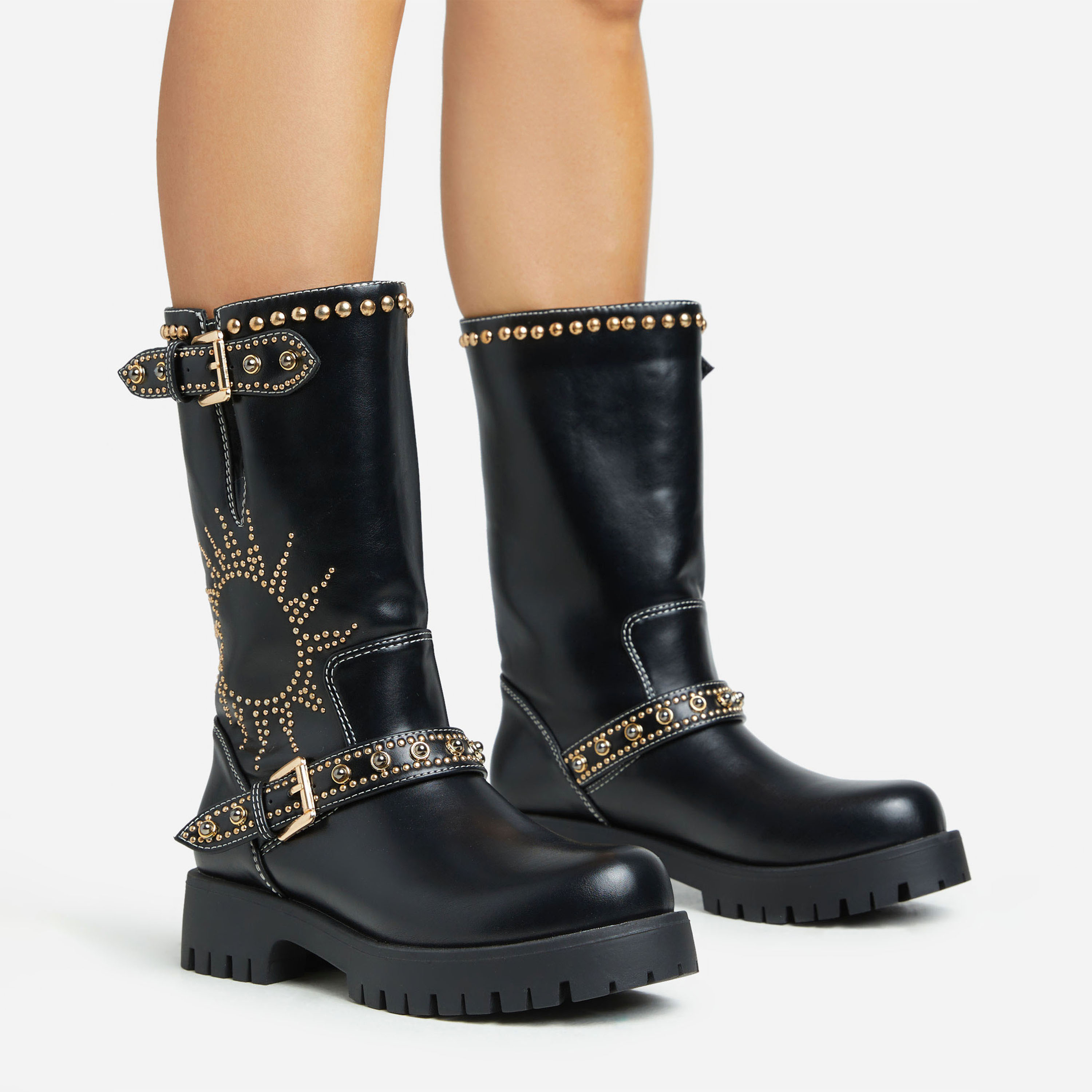 Blackout Gold Studded Sun Detail Mid Calf Chunky Biker Boot In Black Faux  Leather