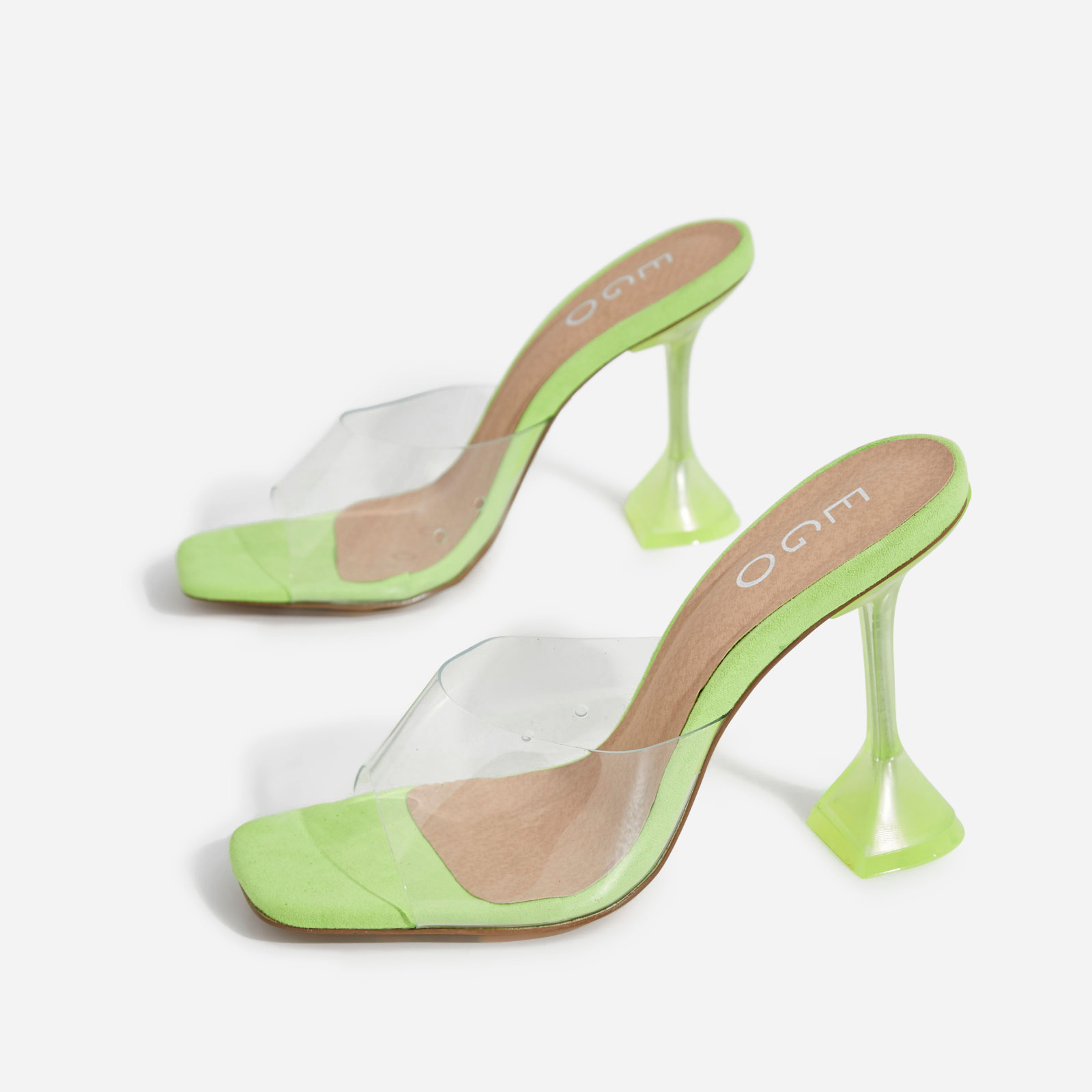 Lila Square Toe Perspex Heel Mule In Lime Green Faux Suede