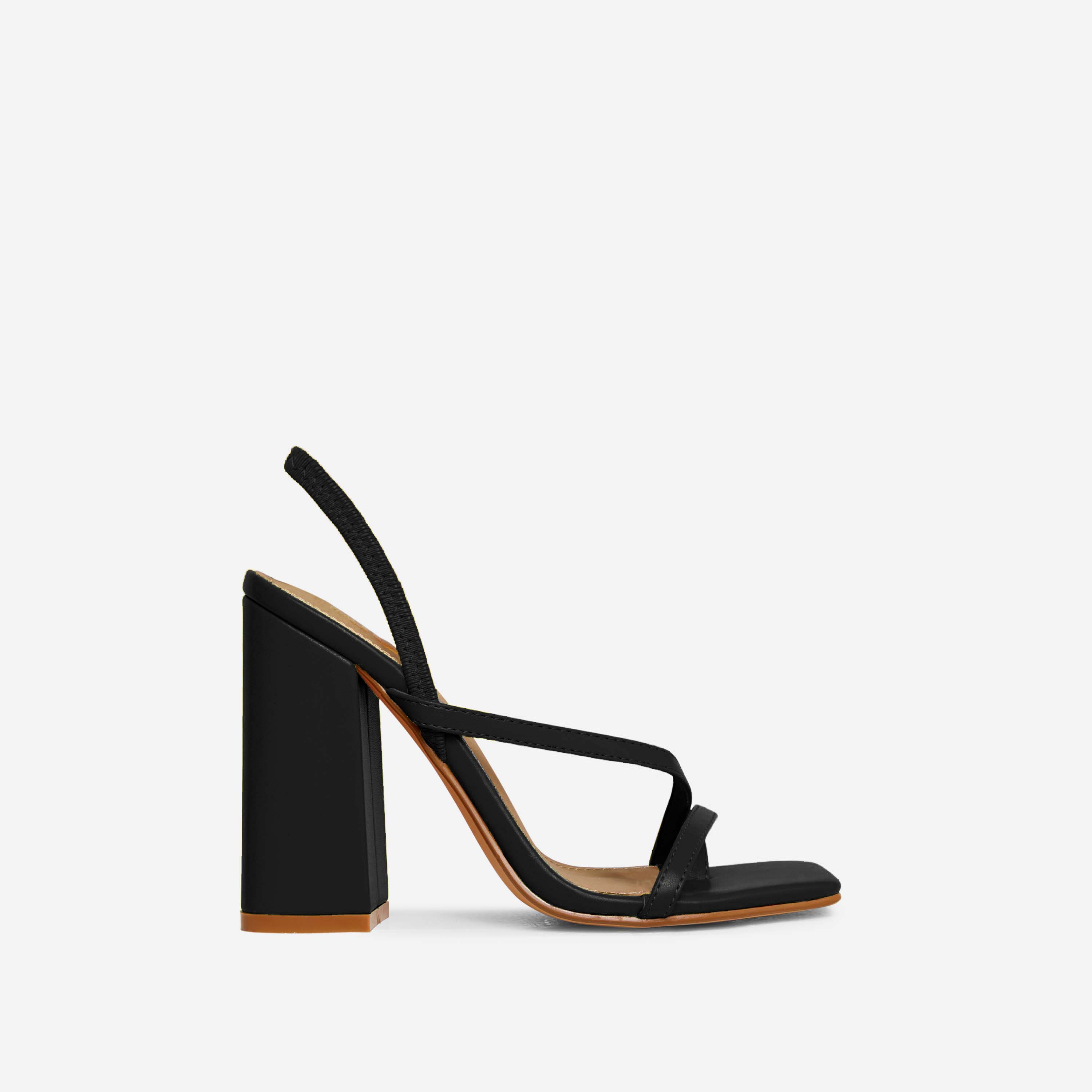 Wyoming Strappy Square Toe Slingback Block Heel In Black Faux Leather, Black